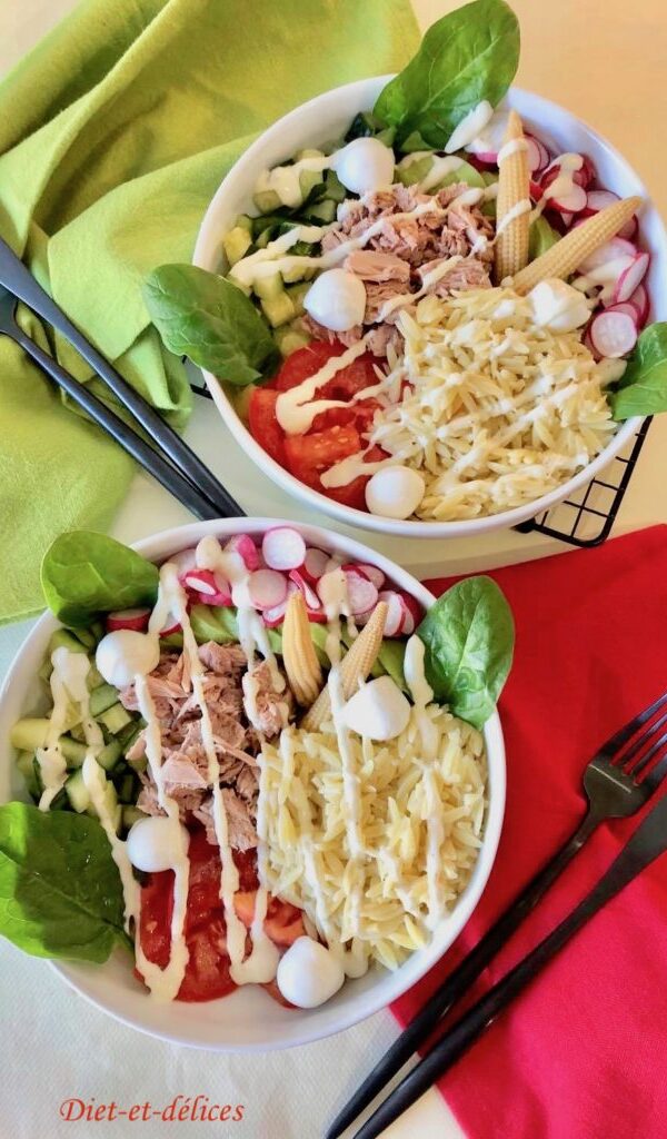Tuna bowl, small vegetables and cold mustard sauce